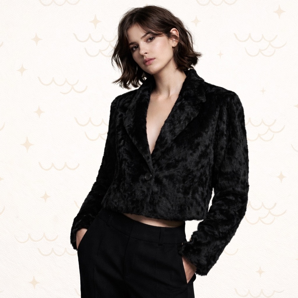 Adrienne Landau Cropped Blazer Jacket Black Plush Fur Notch Lapel Sz M